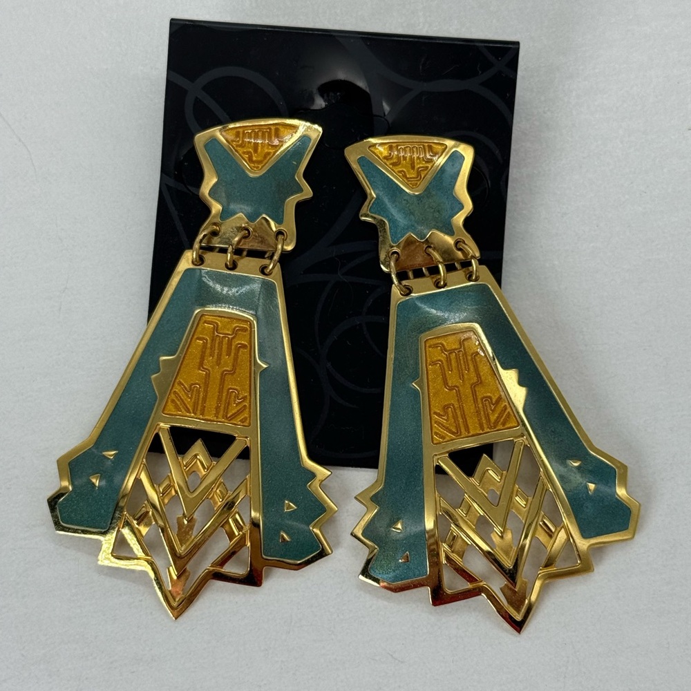 Vintage Large Retro Avant Garde Abstract Statement Earrings Gold Tone Fabulous‎